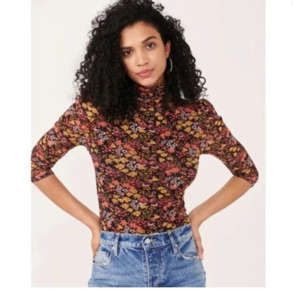 Free People Gather Tee Black Multi Color Floral Print Blouse - Picture 2 of 3